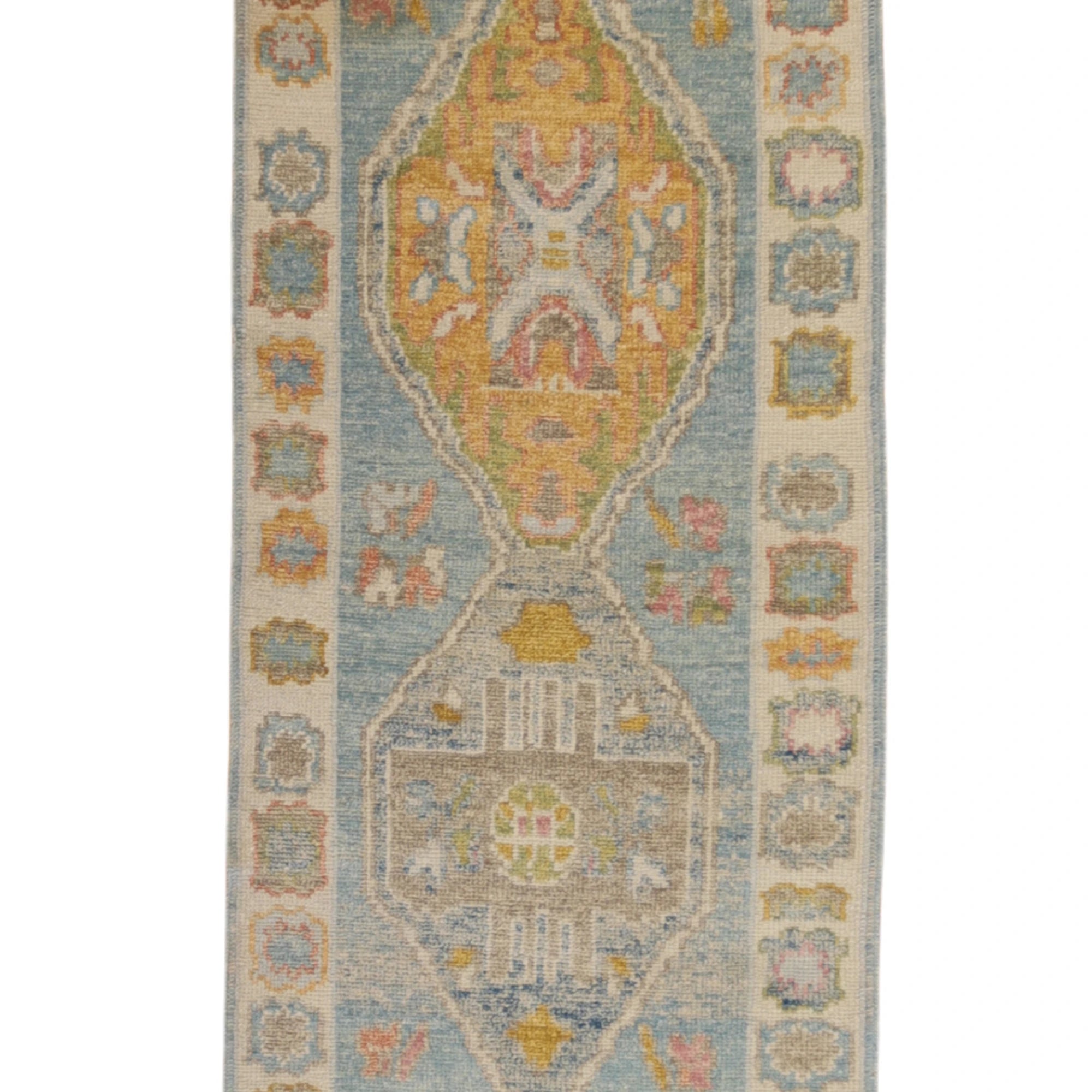 2'8" x 9'3" BLUE AND IVORY OUSHAK GEOMETRIC TURKISH RUG