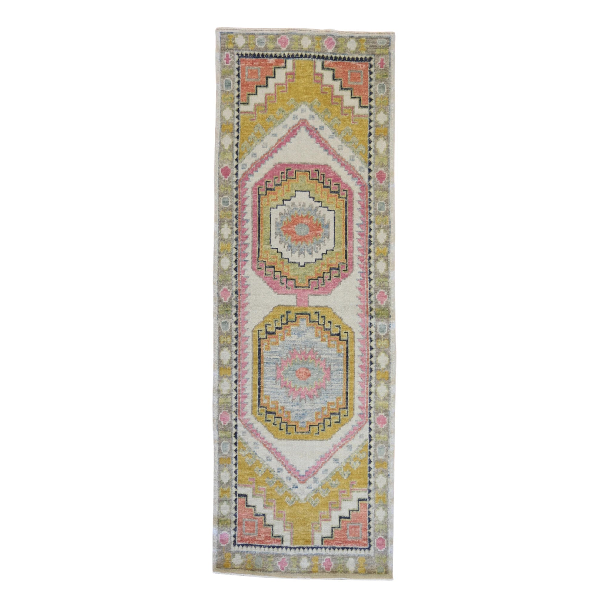 3'0" x 9'1" IVORY AND BROWN OUSHAK GEOMETRIC TURKISH RUG