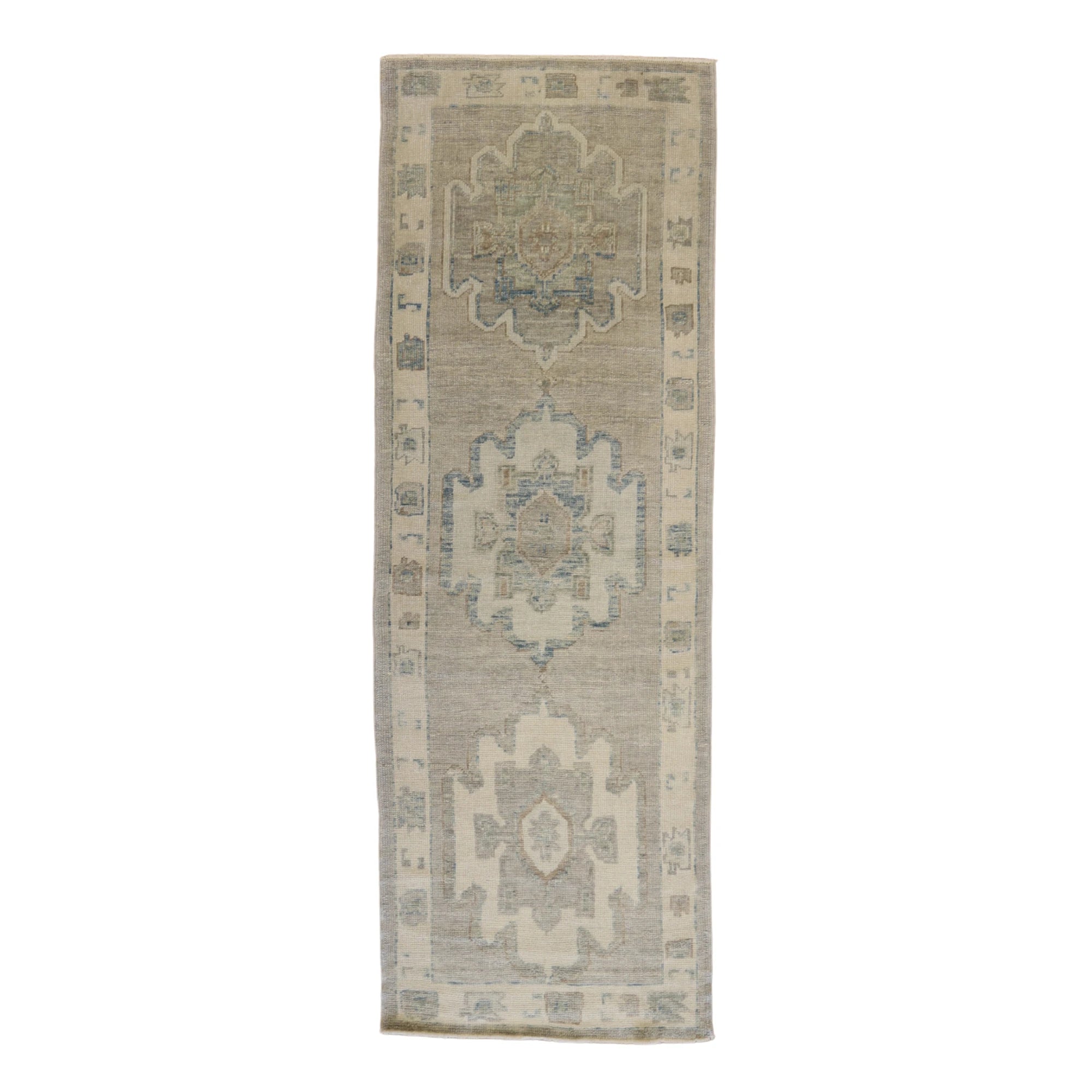 3'3" x 11'3" GRAY AND BEIGE OUSHAK GEOMETRIC TURKISH RUG