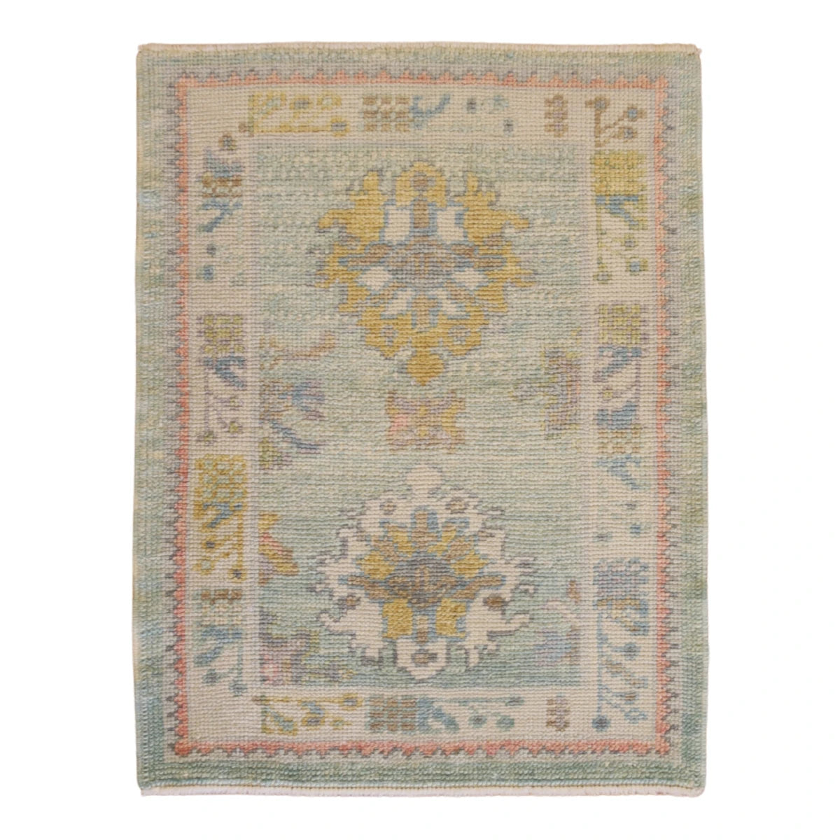 2'4" x 3'5" GREEN AND BEIGE OUSHAK GEOMETRIC TURKISH RUG