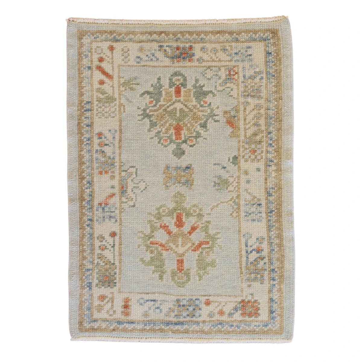 2'1" x 2'10" BLUE AND BEIGE OUSHAK GEOMETRIC TURKISH RUG