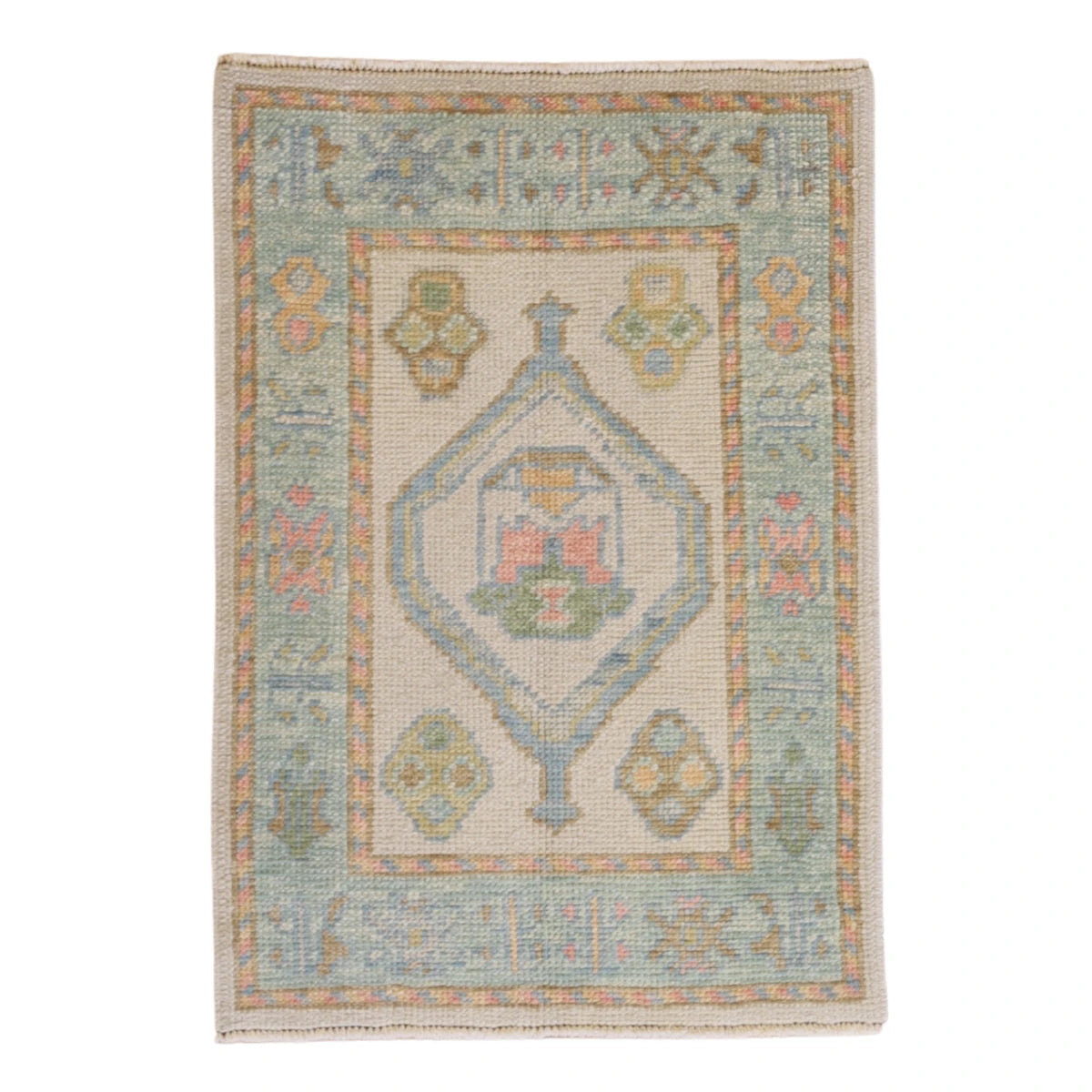 2'0" x 2'10" BEIGE AND BLUE OUSHAK GEOMETRIC TURKISH RUG