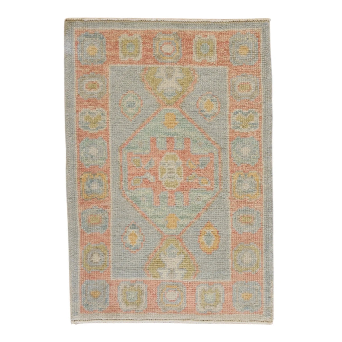 2'0" x 2'11" BLUE AND PINK OUSHAK GEOMETRIC TURKISH RUG