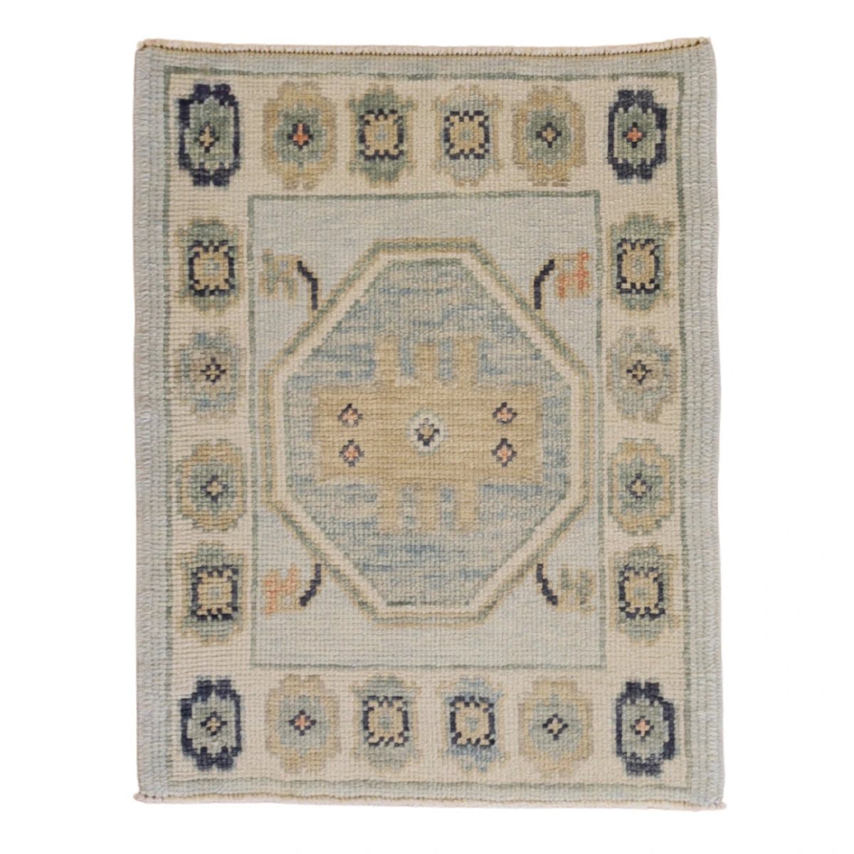 2'2" x 2'9" BLUE AND BEIGE OUSHAK GEOMETRIC TURKISH RUG