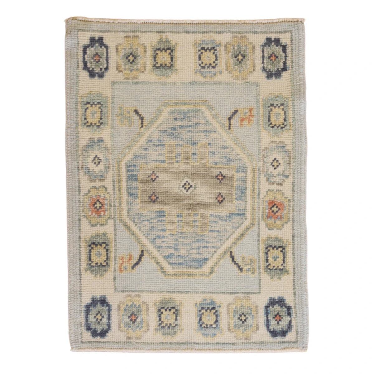 2'2" x 2'11" BLUE AND BEIGE OUSHAK GEOMETRIC TURKISH RUG