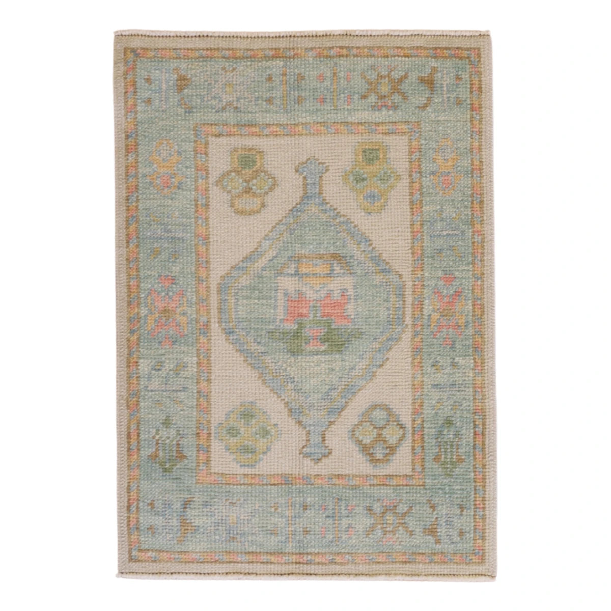 2'0" x 2'11" BEIGE AND TEAL OUSHAK GEOMETRIC TURKISH RUG