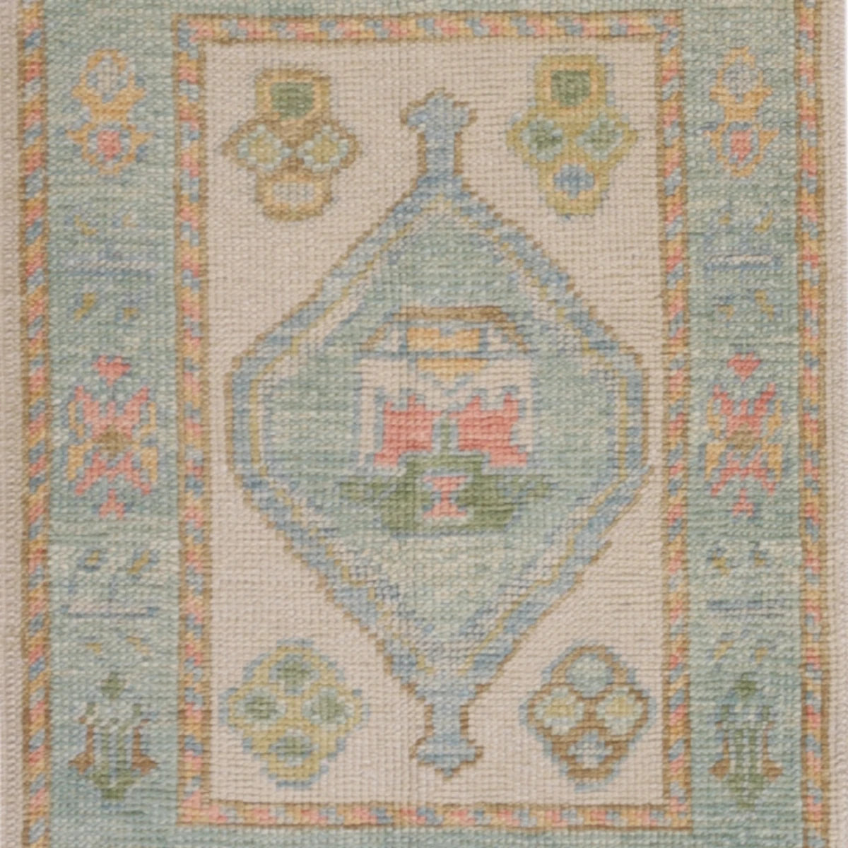 2'0" x 2'11" BEIGE AND TEAL OUSHAK GEOMETRIC TURKISH RUG