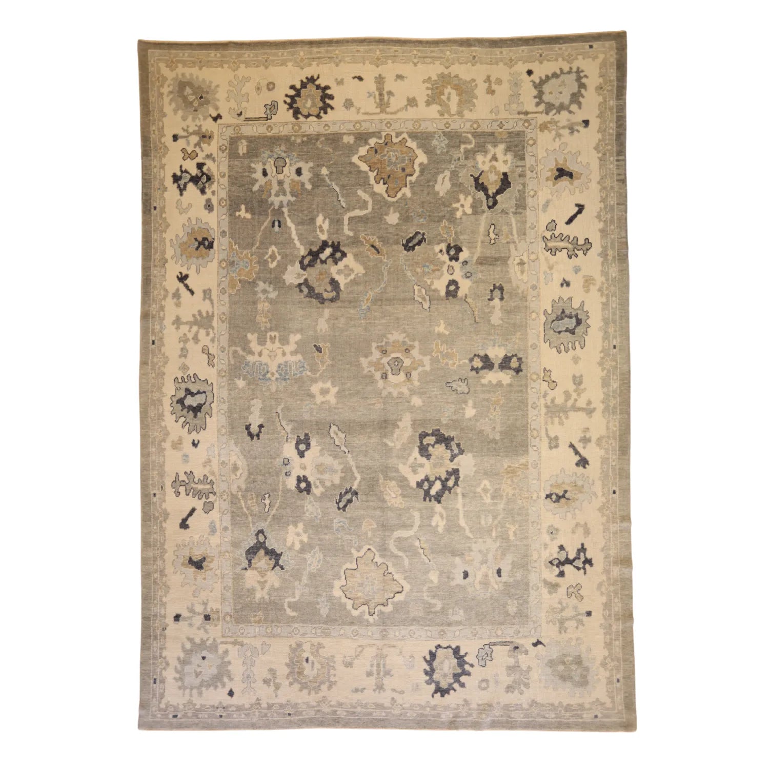 10'   4" x  14'   8" GRAY AND IVORY OUSHAK GEOMETRIC TURKISH RUG