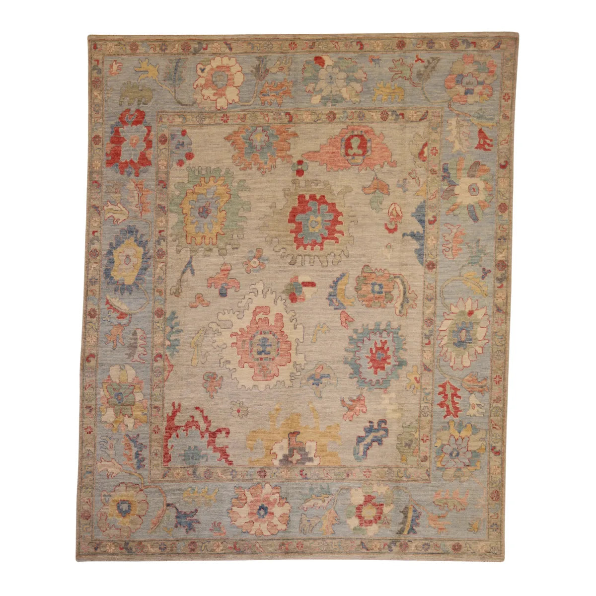 8' 1" x 9' 10" - GRAY AND BLUE OUSHAK GEOMETRIC PAKISTANI RUG