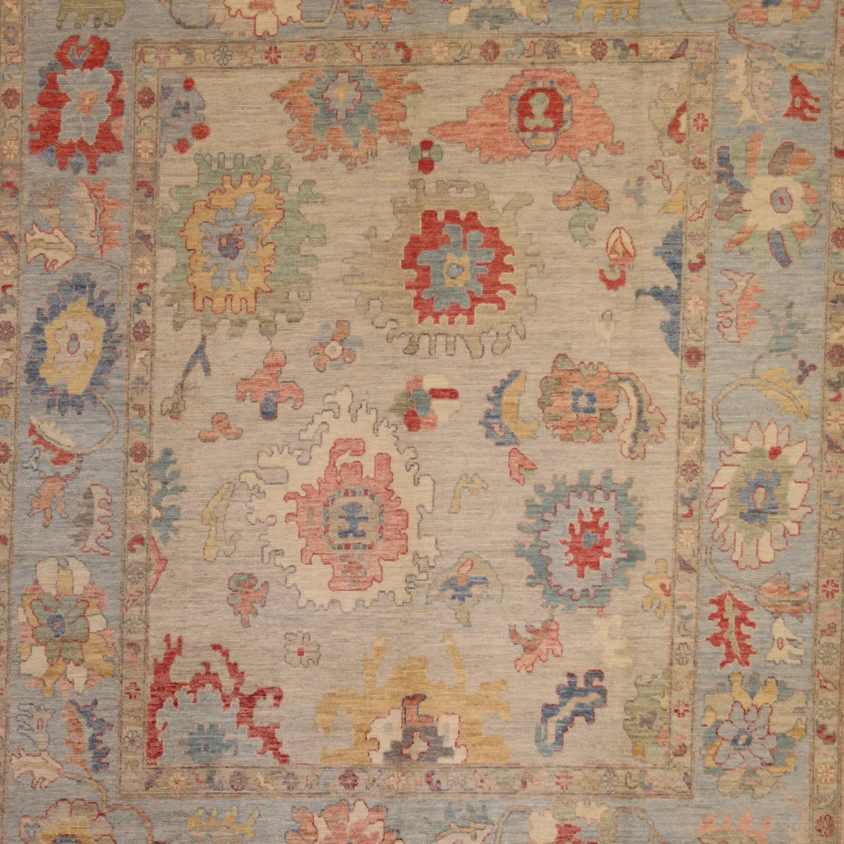 8' 1" x 9' 10" - GRAY AND BLUE OUSHAK GEOMETRIC PAKISTANI RUG