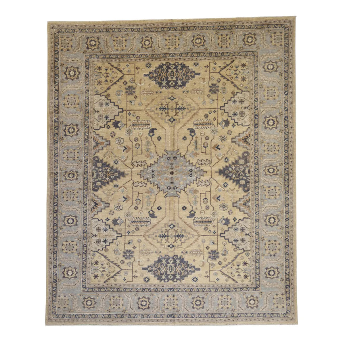 8' 3" x 10' 0" - BEIGE AND BLUE PESHAWAR GEOMETRIC PAKISTANI RUG