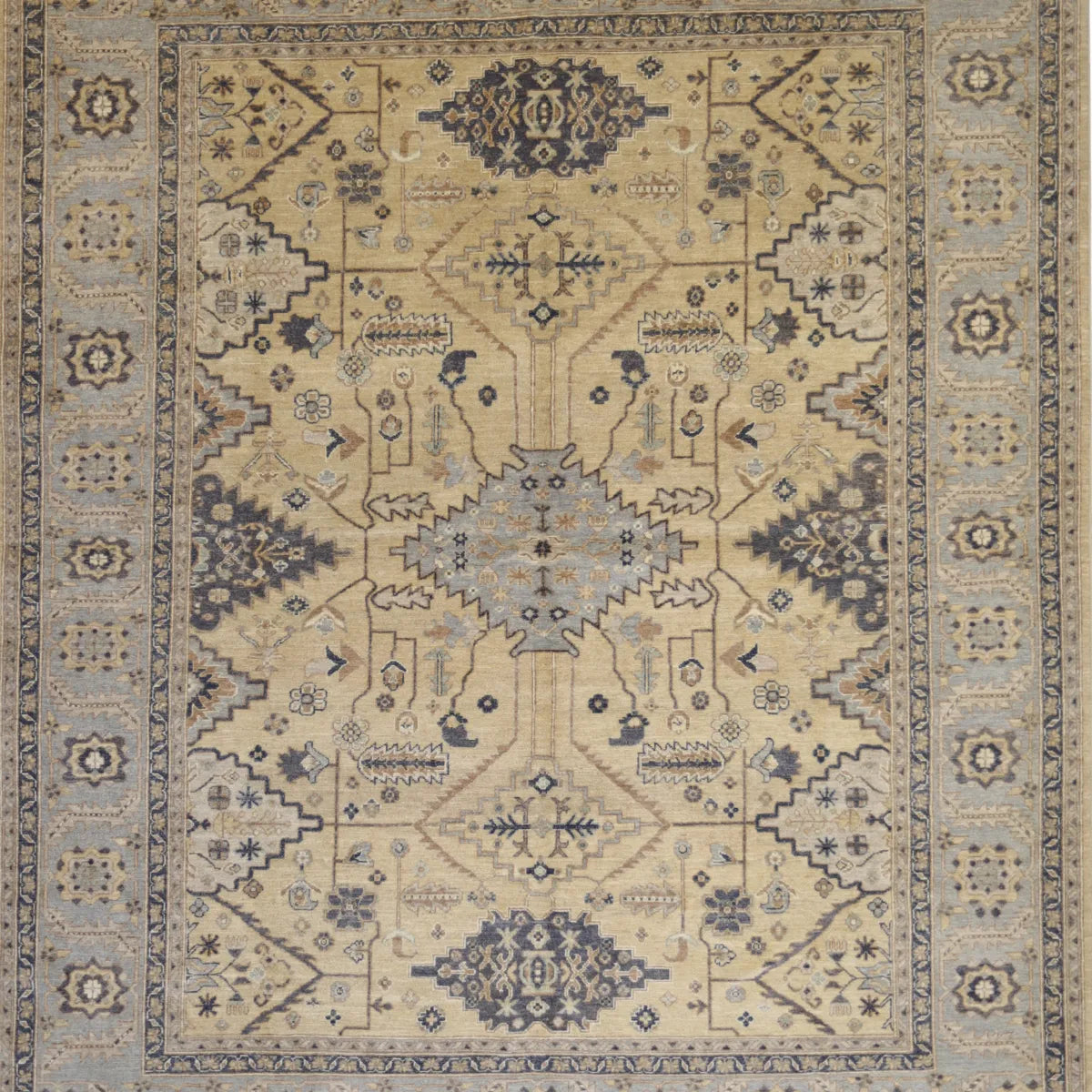 8' 3" x 10' 0" - BEIGE AND BLUE PESHAWAR GEOMETRIC PAKISTANI RUG
