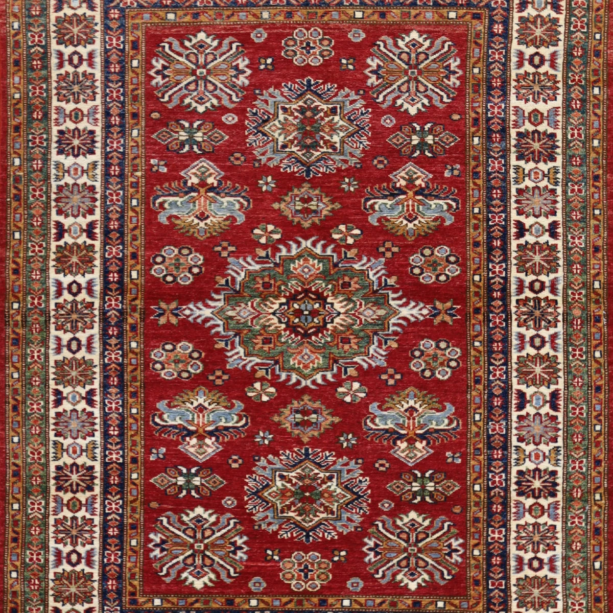 4'2" x 5'6" RED AND IVORY KAZAK GEOMETRIC PAKISTANI RUG