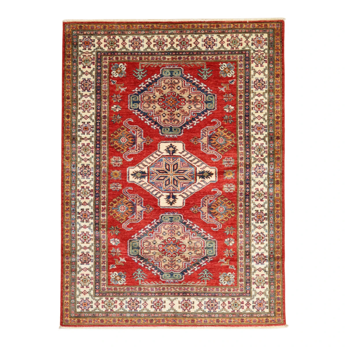 4'2" x 5'8" RED AND IVORY KAZAK GEOMETRIC PAKISTANI RUG