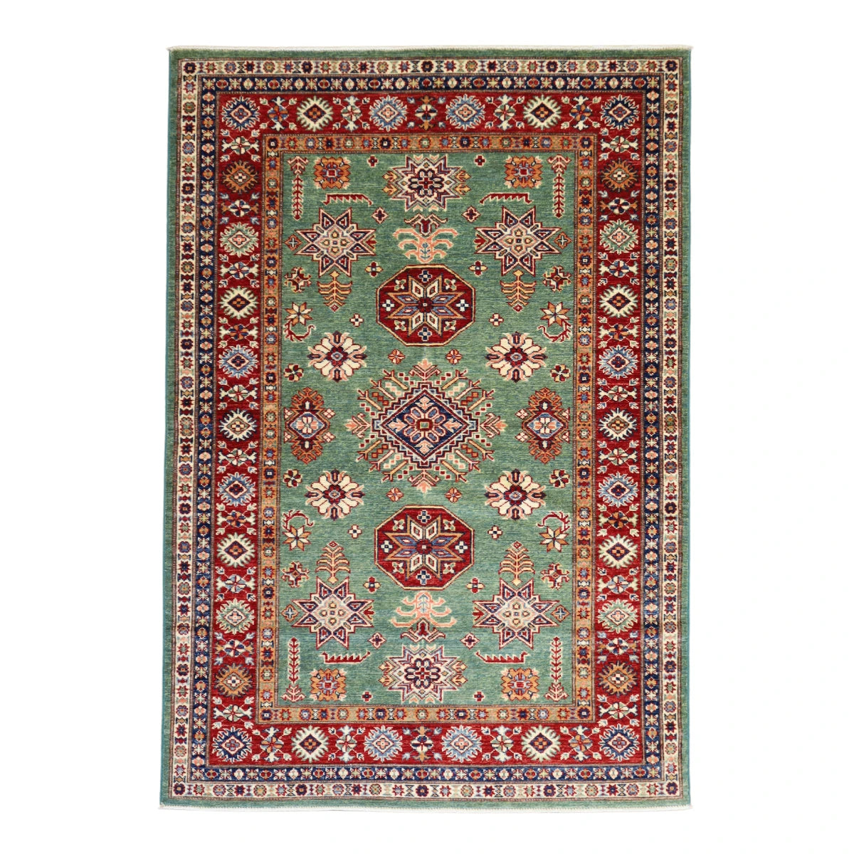 4'2" x 5'11" GREEN AND RED KAZAK GEOMETRIC PAKISTANI RUG