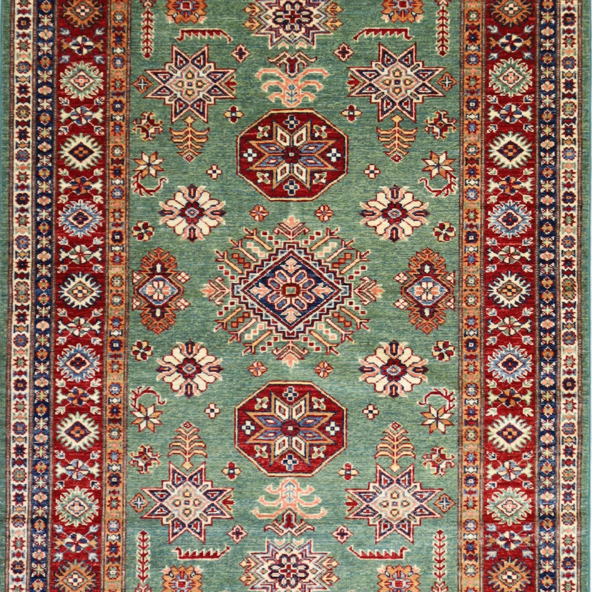 4'2" x 5'11" GREEN AND RED KAZAK GEOMETRIC PAKISTANI RUG