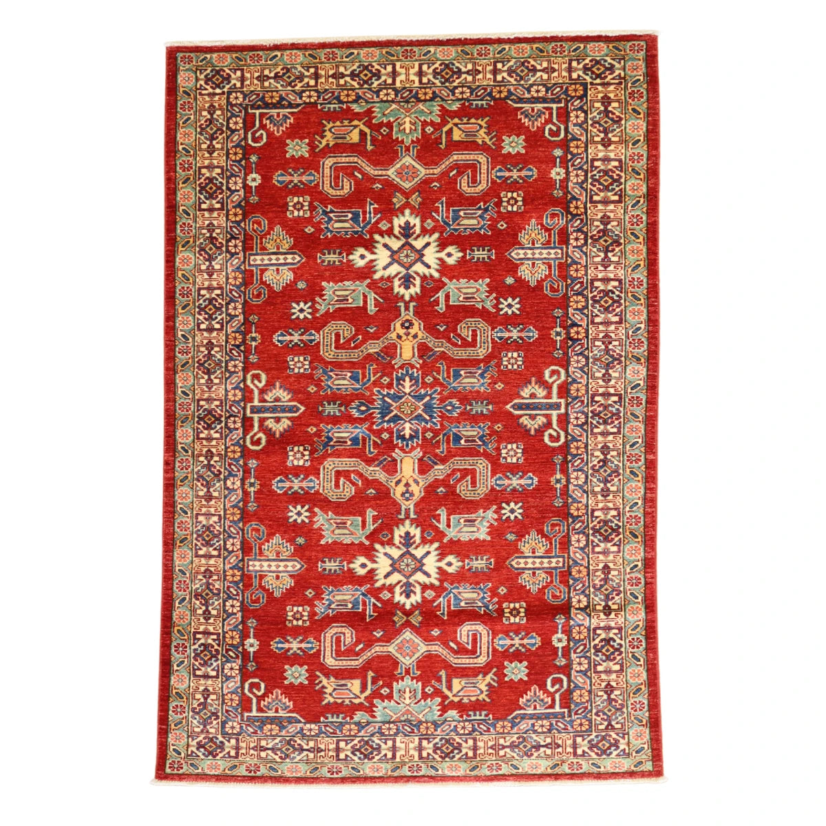 4'1" x 6'1" RED AND GREEN KAZAK GEOMETRIC PAKISTANI RUG