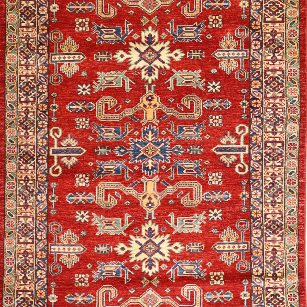 4'1" x 6'1" RED AND GREEN KAZAK GEOMETRIC PAKISTANI RUG