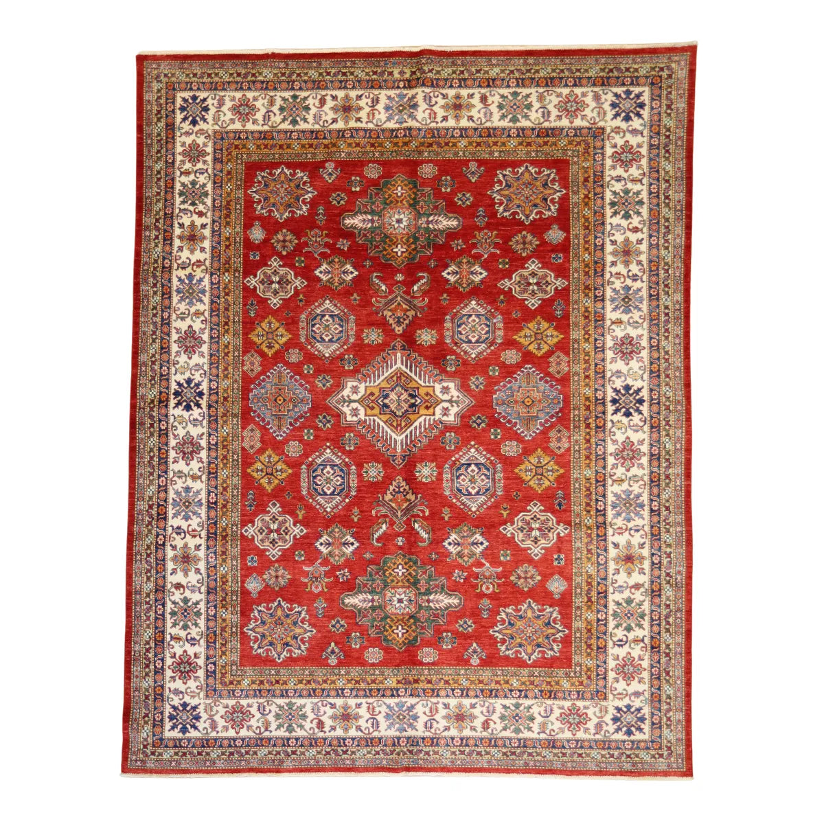 8' 0" x 10' 4" - RED AND IVORY KAZAK GEOMETRIC PAKISTANI RUG