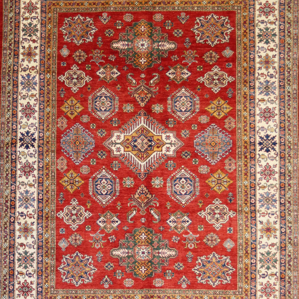 8' 0" x 10' 4" - RED AND IVORY KAZAK GEOMETRIC PAKISTANI RUG