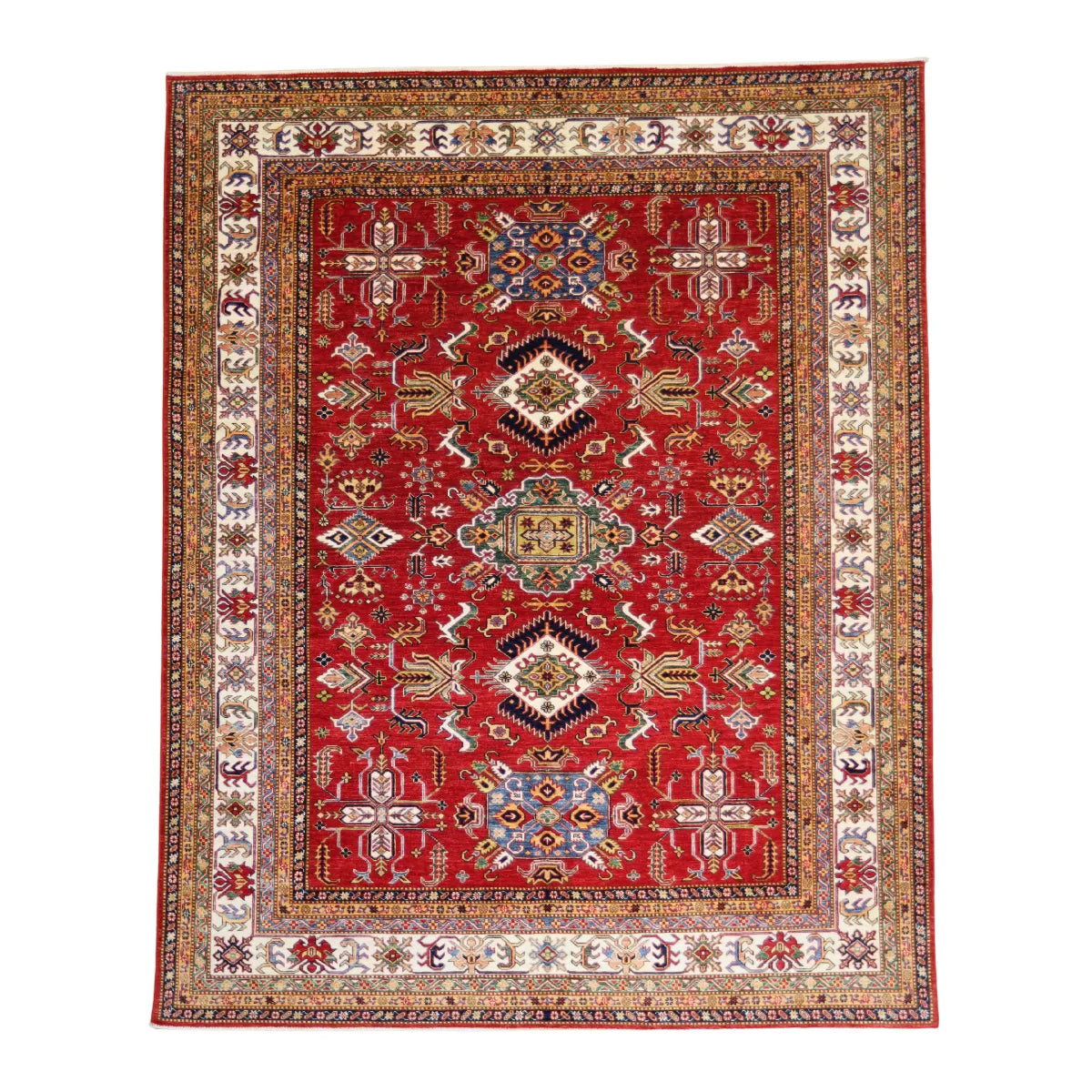 8' 1" x 10' 1" - RED AND BEIGE KAZAK GEOMETRIC PAKISTANI RUG