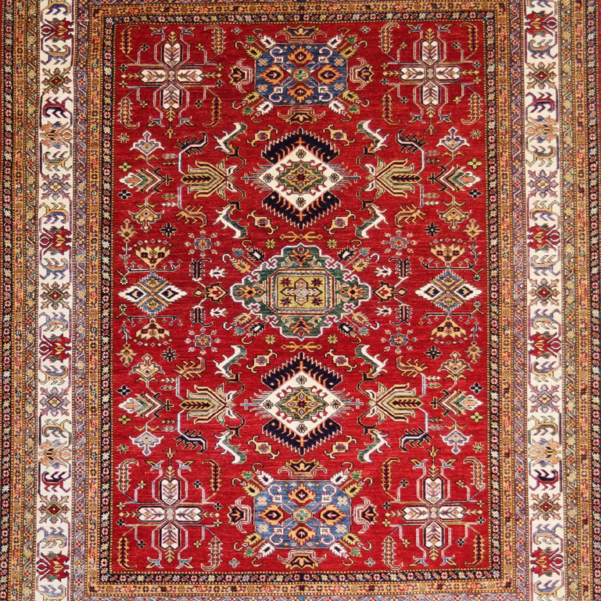 8' 1" x 10' 1" - RED AND BEIGE KAZAK GEOMETRIC PAKISTANI RUG