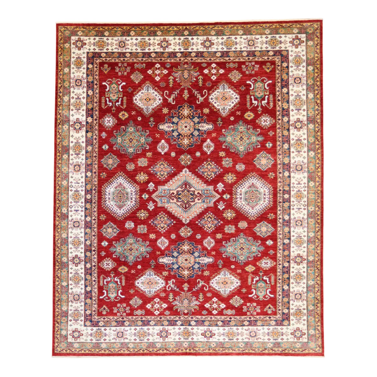 8' 1" x 9' 11" - RED AND IVORY KAZAK GEOMETRIC PAKISTANI RUG