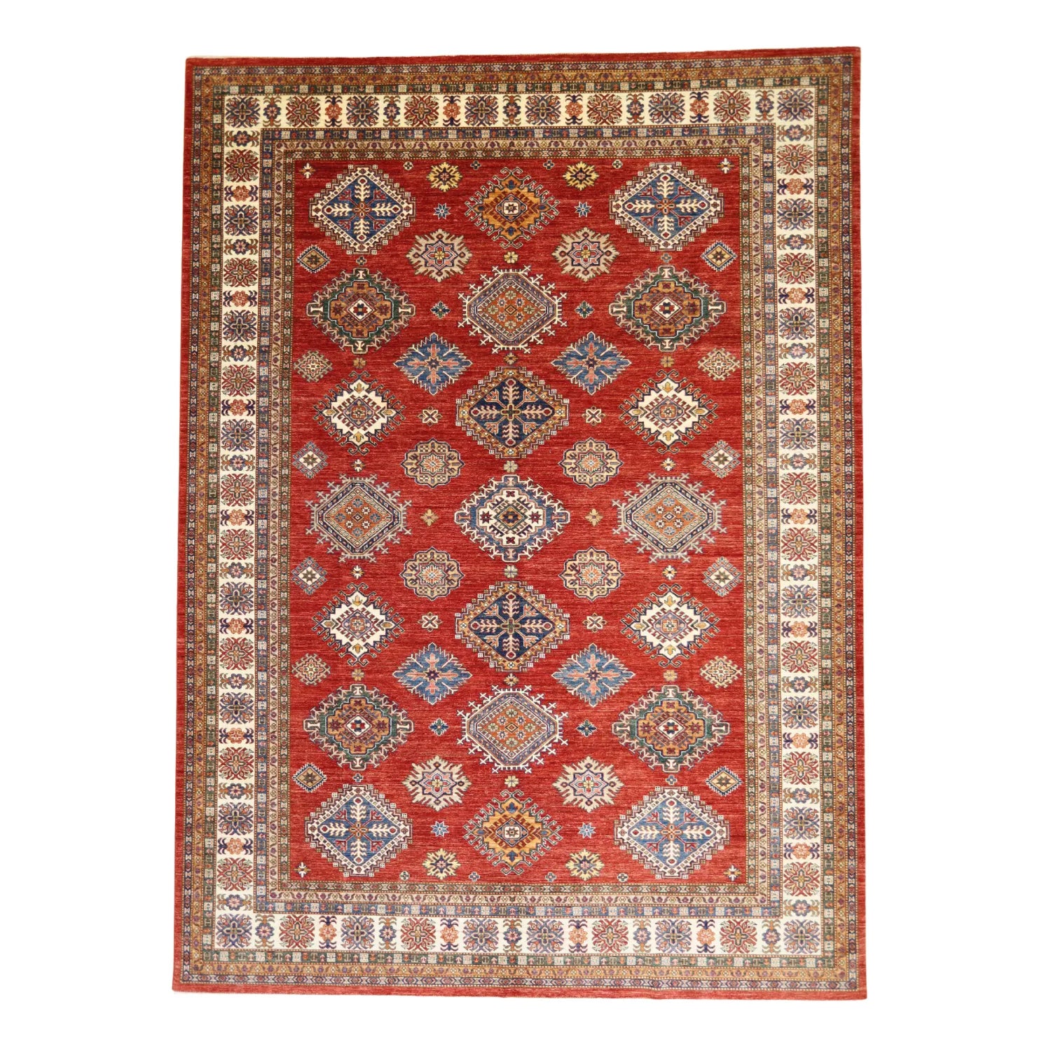 10'   3" x  14'   2" RED AND IVORY KAZAK GEOMETRIC PAKISTANI RUG