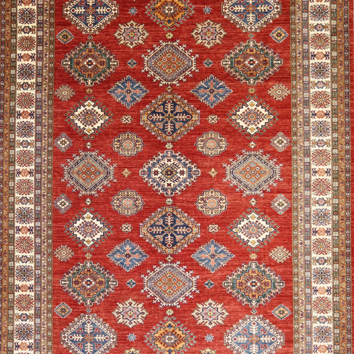 10'   3" x  14'   2" RED AND IVORY KAZAK GEOMETRIC PAKISTANI RUG