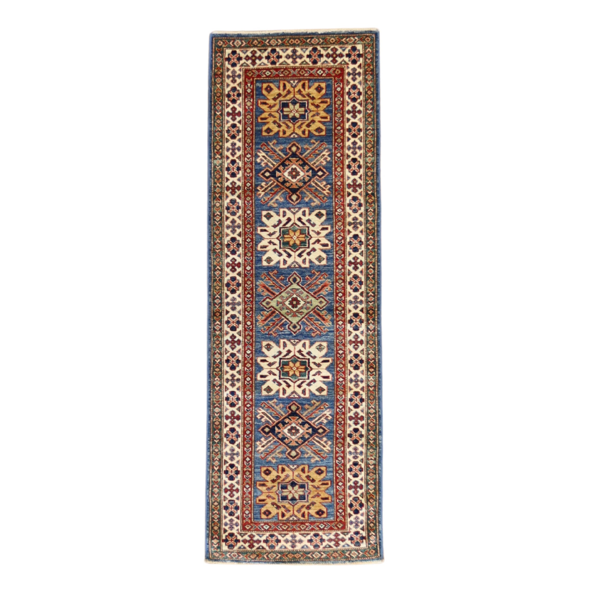 2'0" x 6'2" BLACK AND IVORY KAZAK GEOMETRIC PAKISTANI RUG