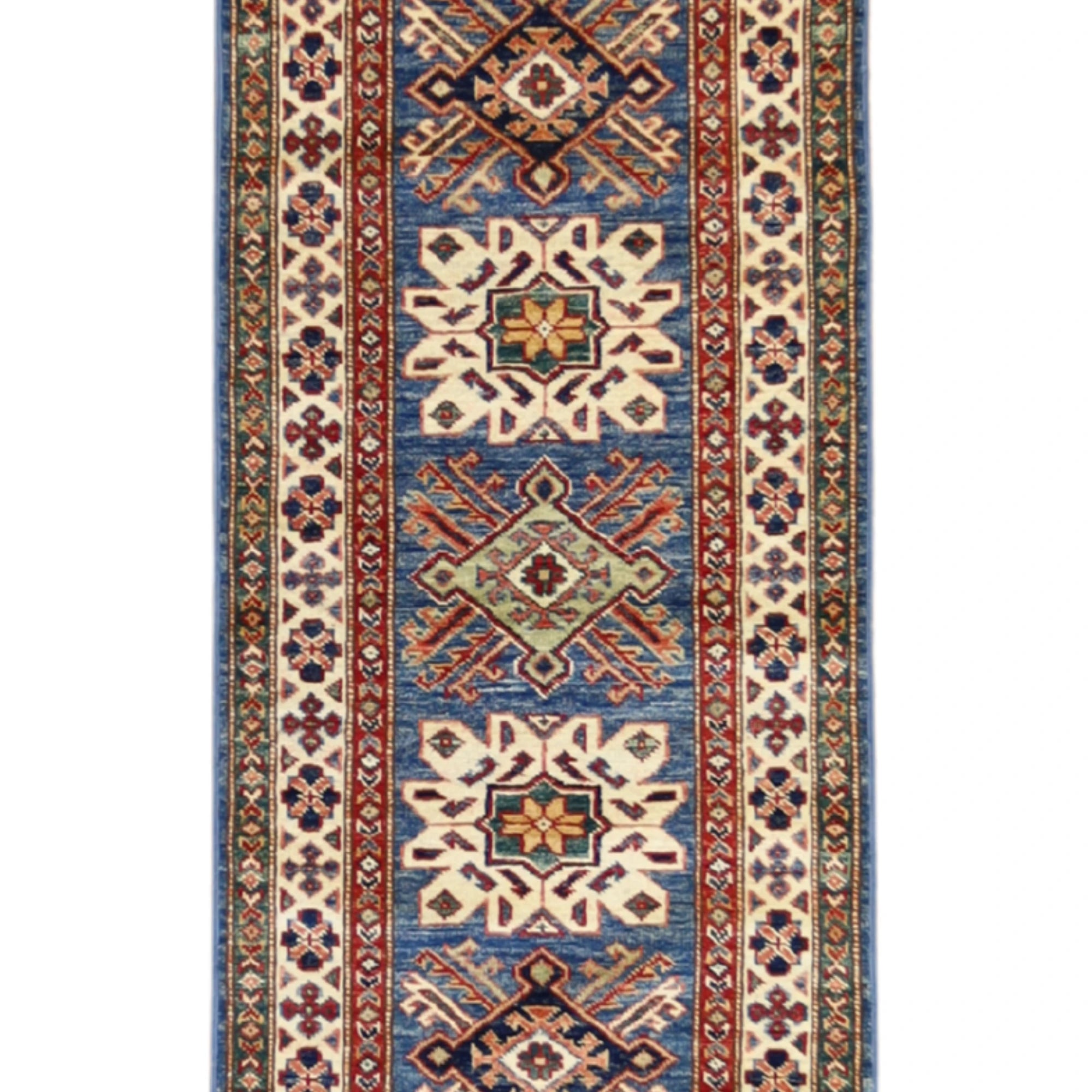 2'0" x 6'2" BLACK AND IVORY KAZAK GEOMETRIC PAKISTANI RUG