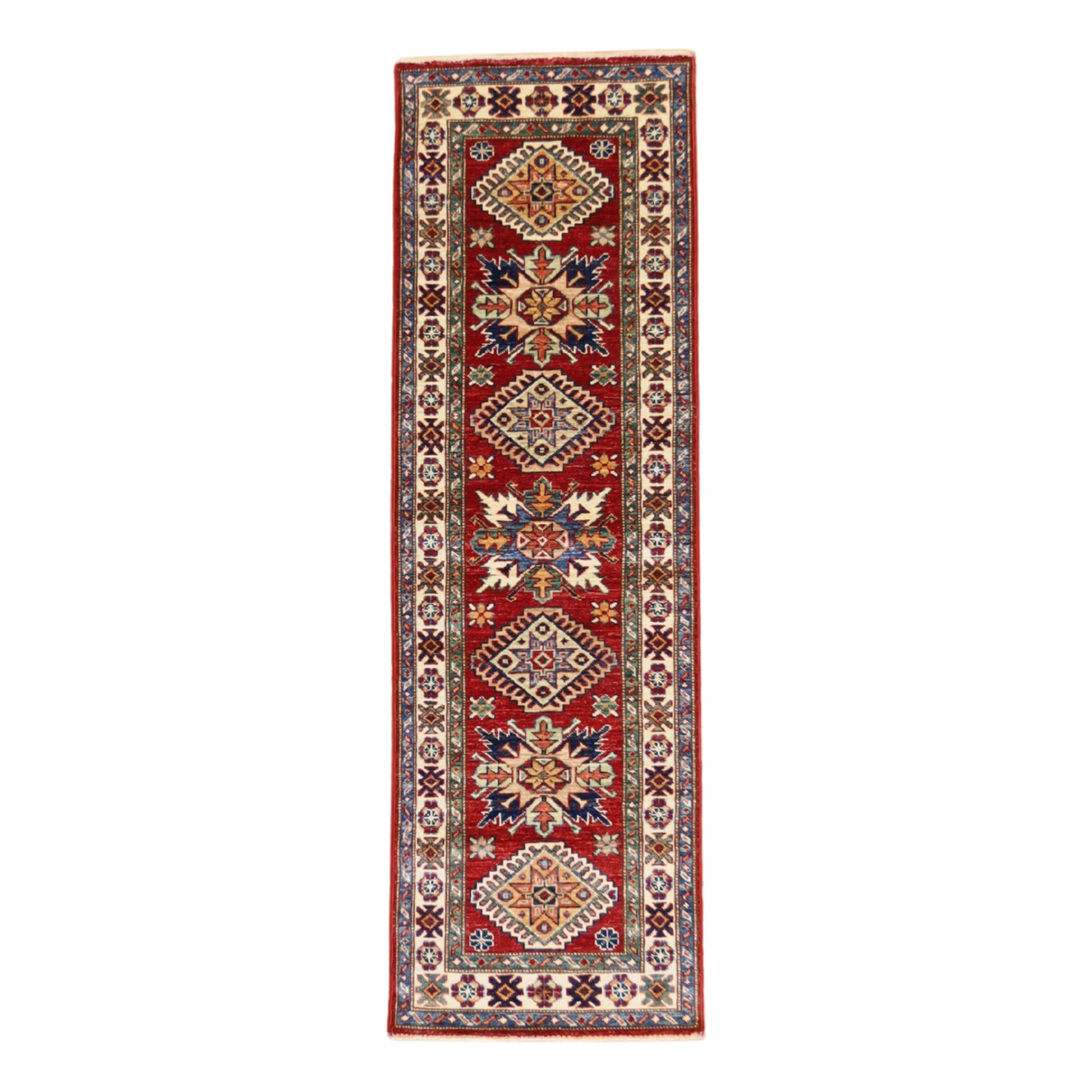 1'11" x 6'0" RED AND IVORY KAZAK GEOMETRIC PAKISTANI RUG