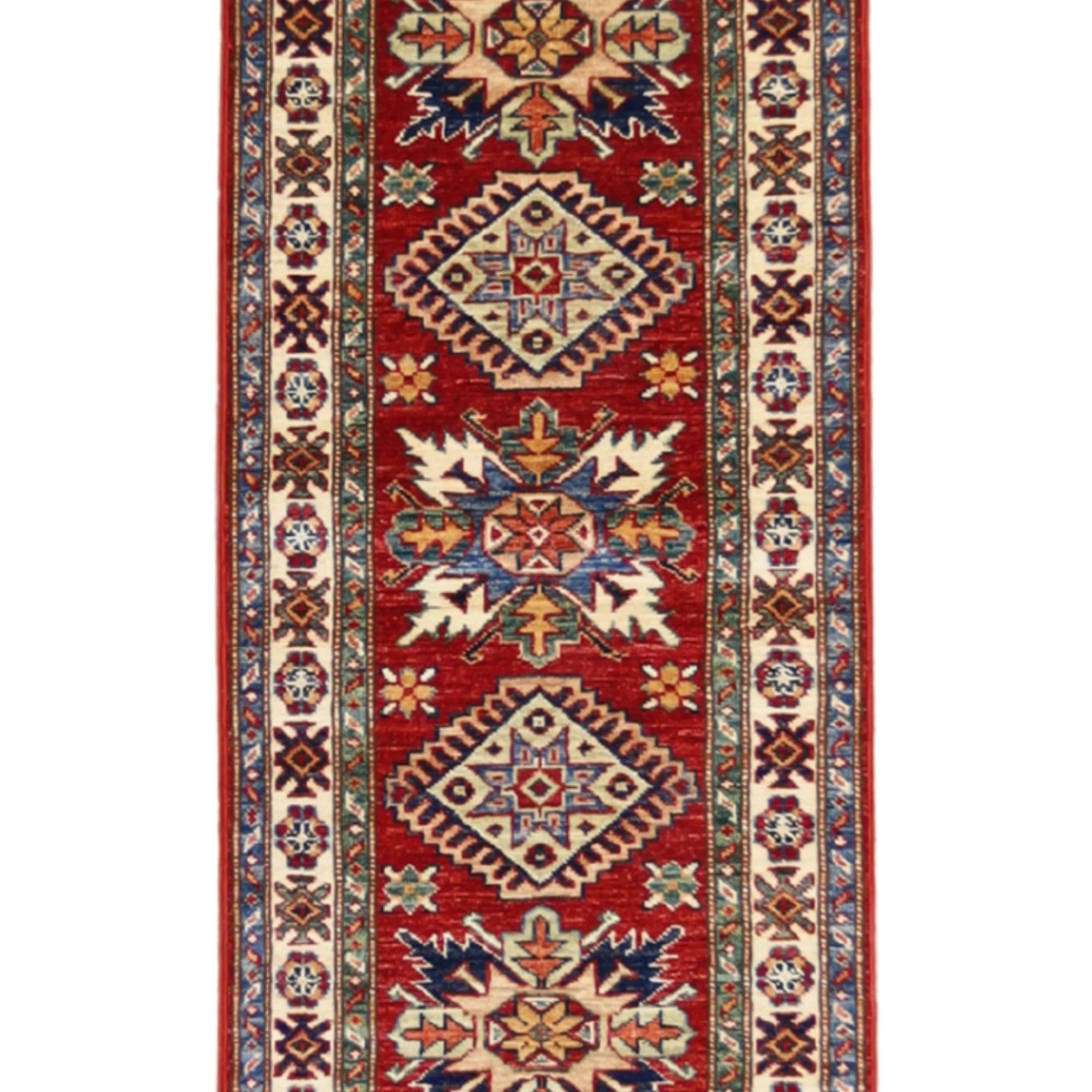 1'11" x 6'0" RED AND IVORY KAZAK GEOMETRIC PAKISTANI RUG