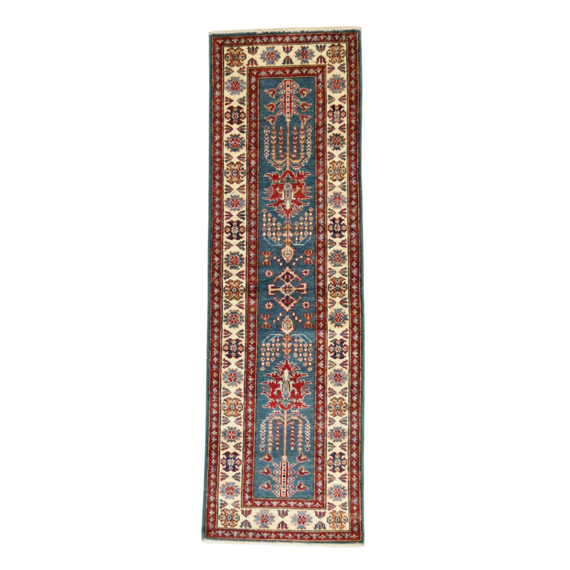 1'11" x 6'3" GREEN AND IVORY KAZAK GEOMETRIC PAKISTANI RUG