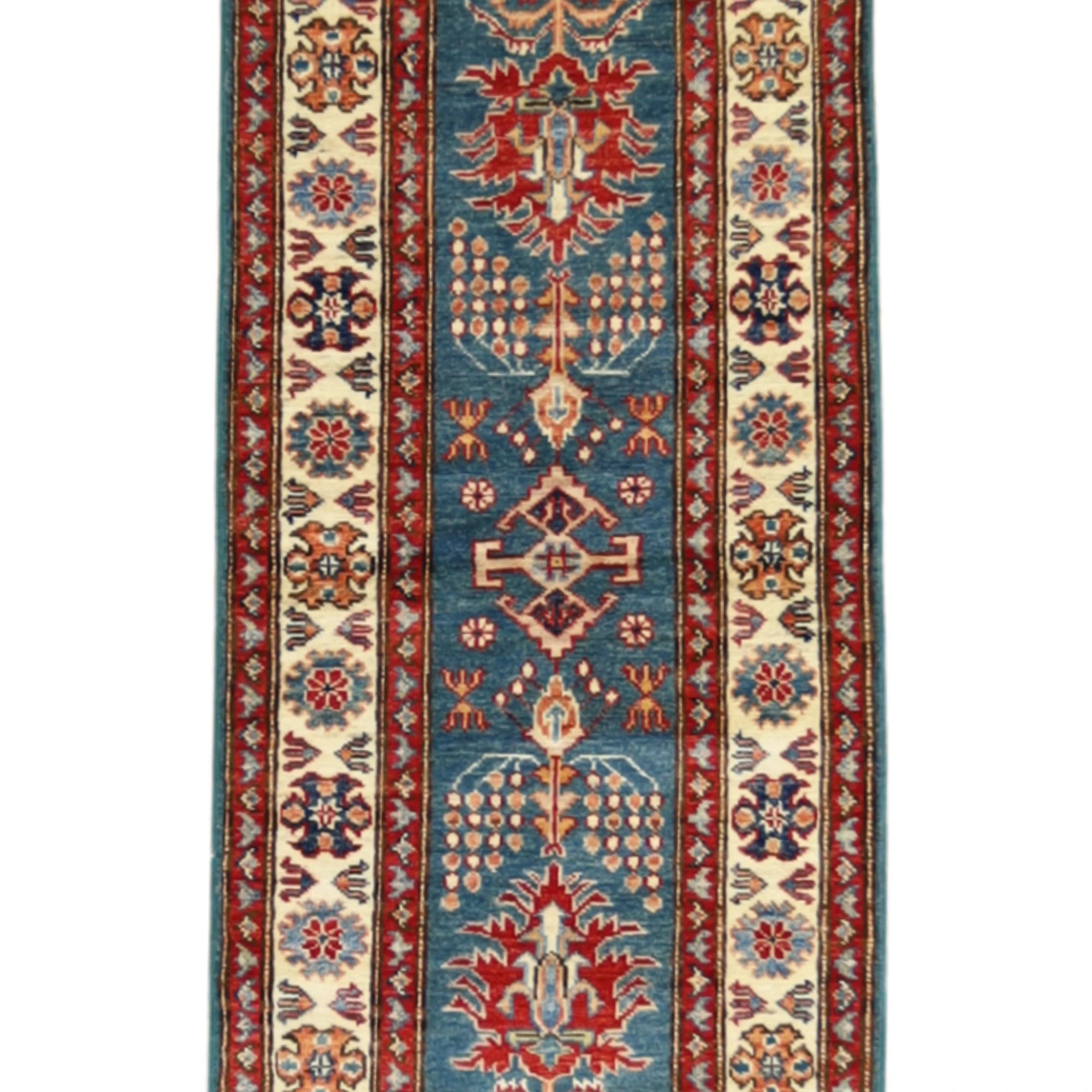 1'11" x 6'3" GREEN AND IVORY KAZAK GEOMETRIC PAKISTANI RUG