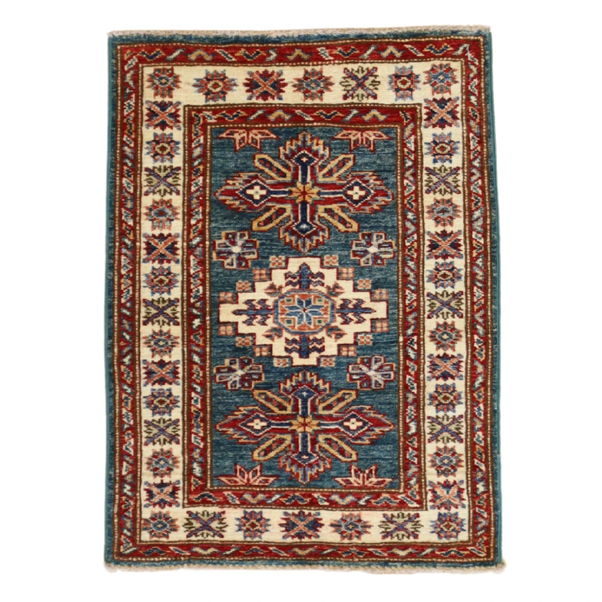 2'1" x 2'10" GREEN AND IVORY KAZAK GEOMETRIC PAKISTANI RUG