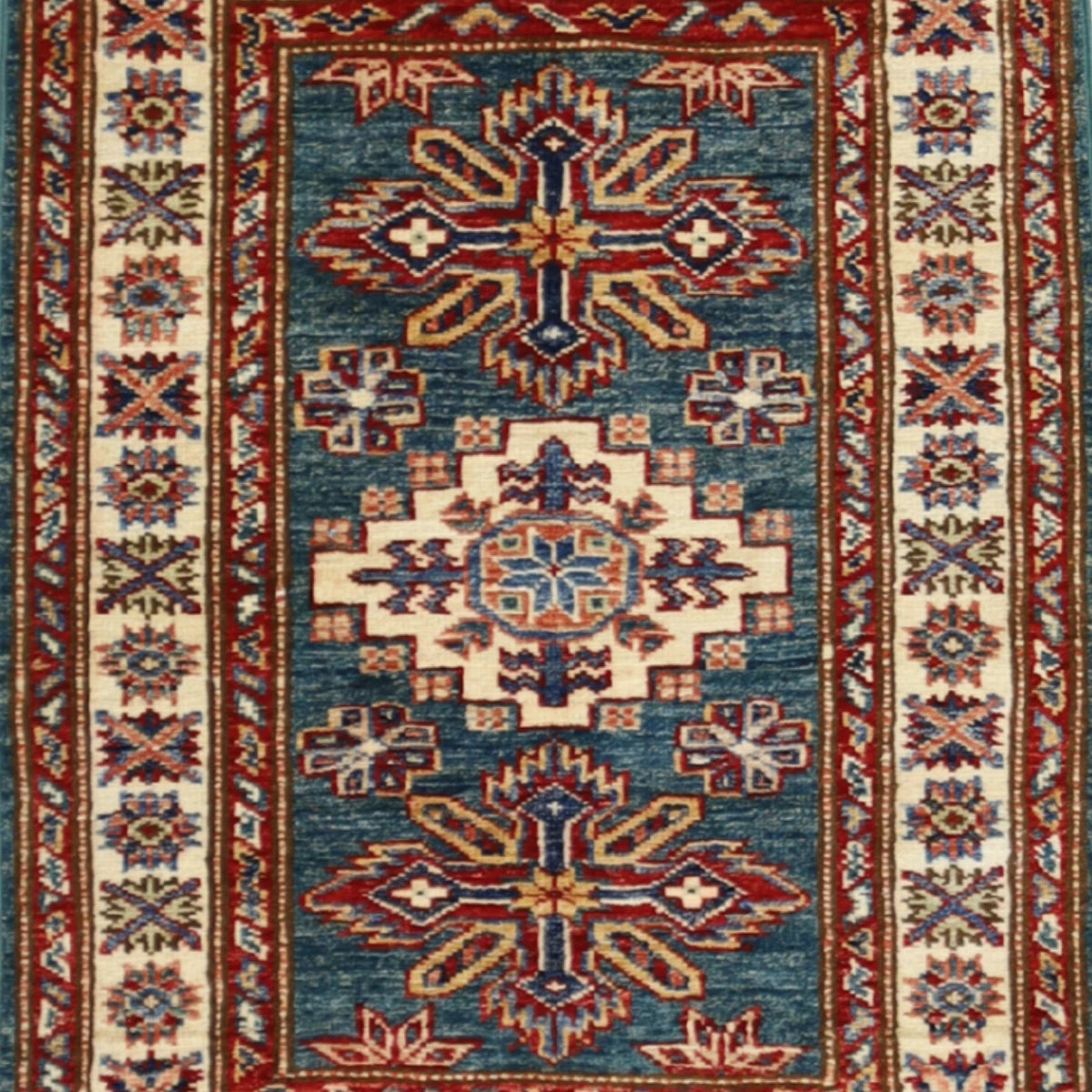 2'1" x 2'10" GREEN AND IVORY KAZAK GEOMETRIC PAKISTANI RUG