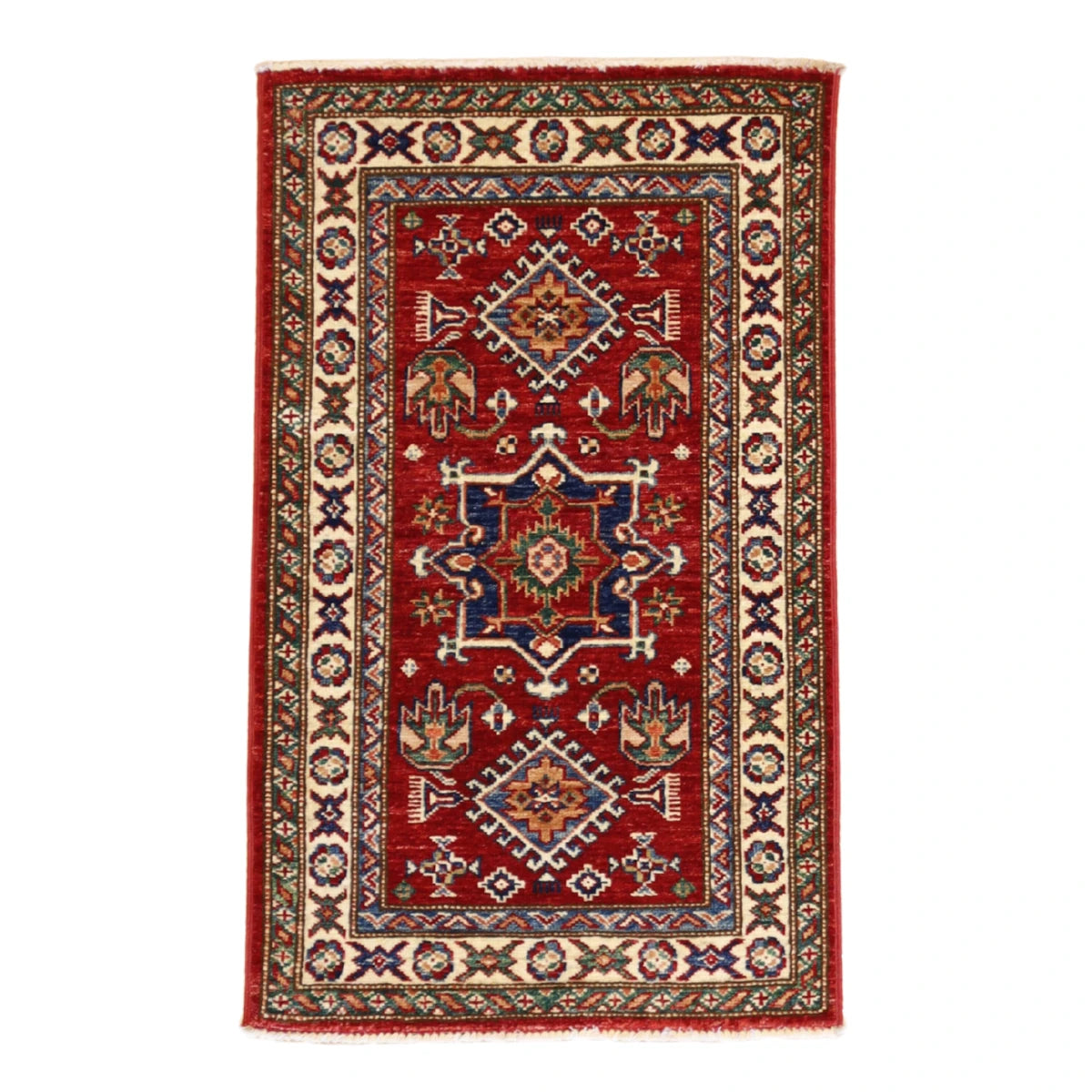 2'0" x 3'3" RED AND IVORY KAZAK GEOMETRIC PAKISTANI RUG
