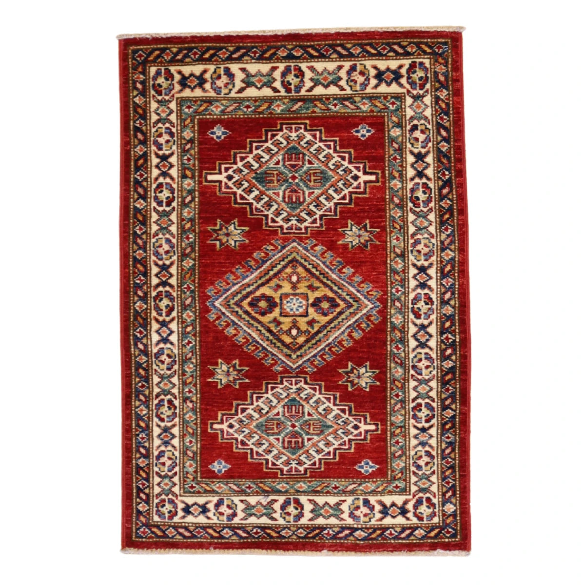 2'1" x 3'7" RED AND IVORY KAZAK GEOMETRIC PAKISTANI RUG