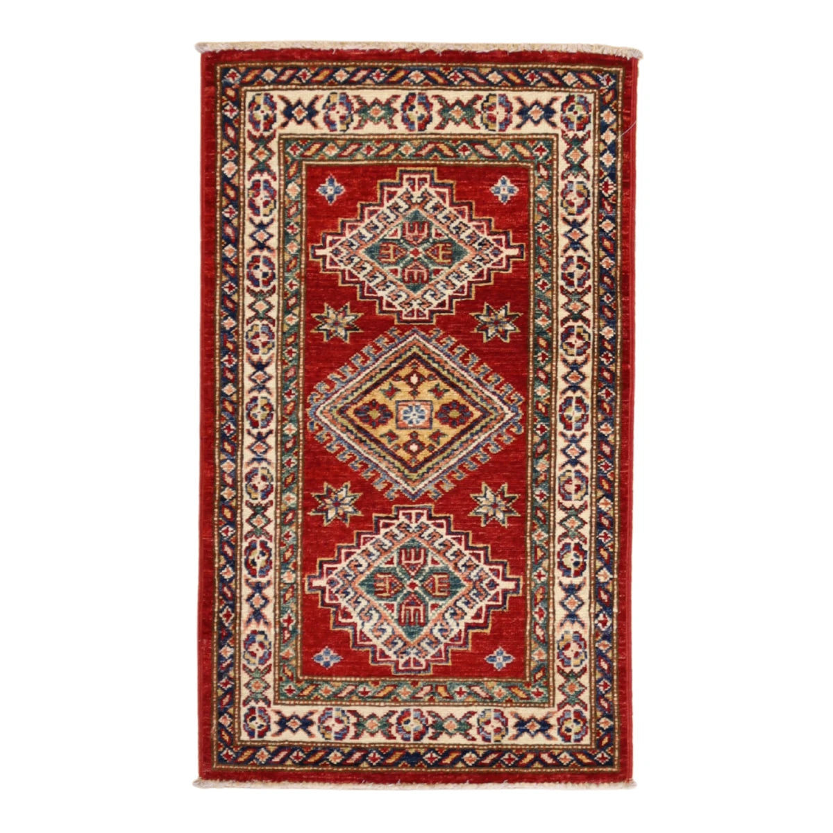 1'11" x 3'2" RED AND IVORY KAZAK GEOMETRIC PAKISTANI RUG