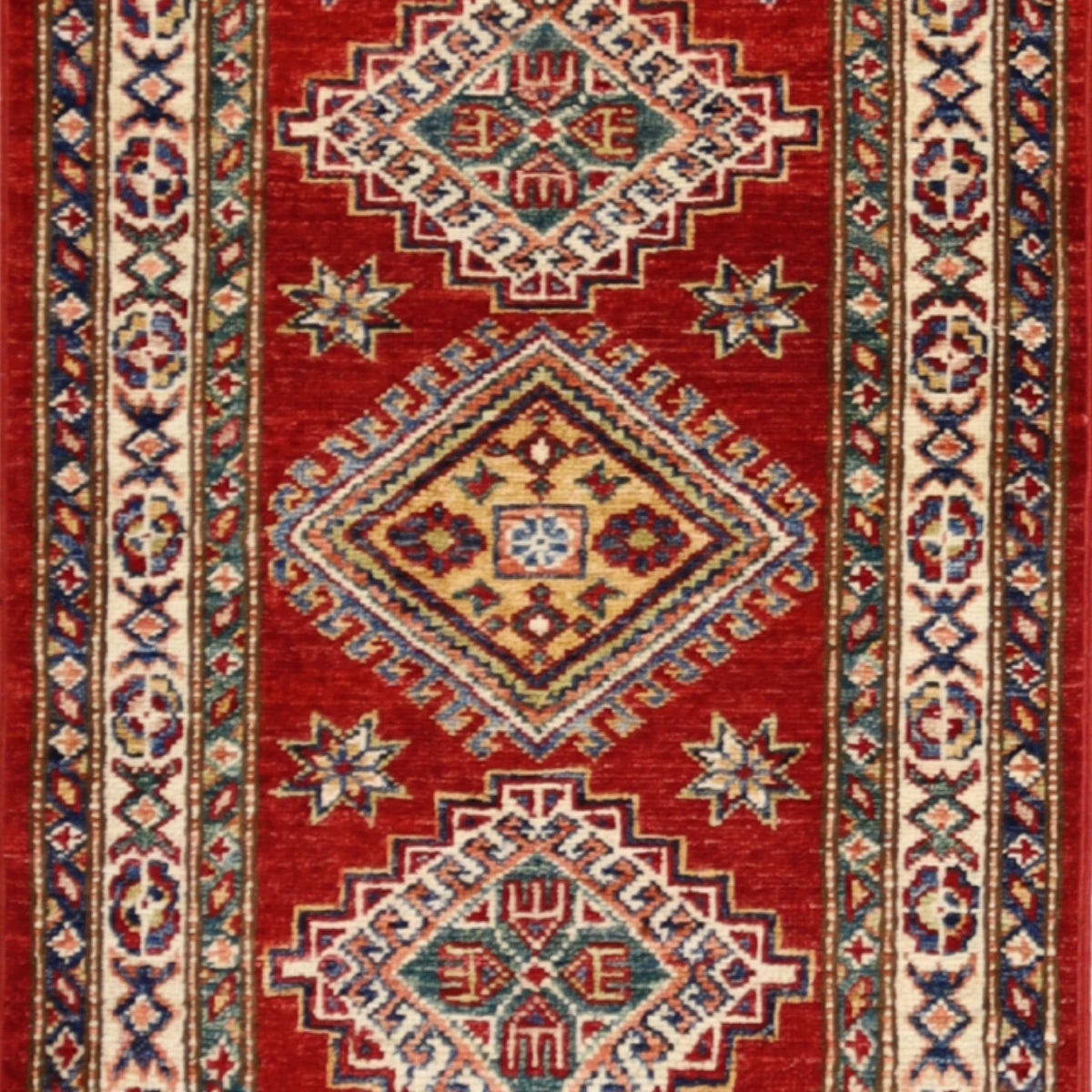 1'11" x 3'2" RED AND IVORY KAZAK GEOMETRIC PAKISTANI RUG
