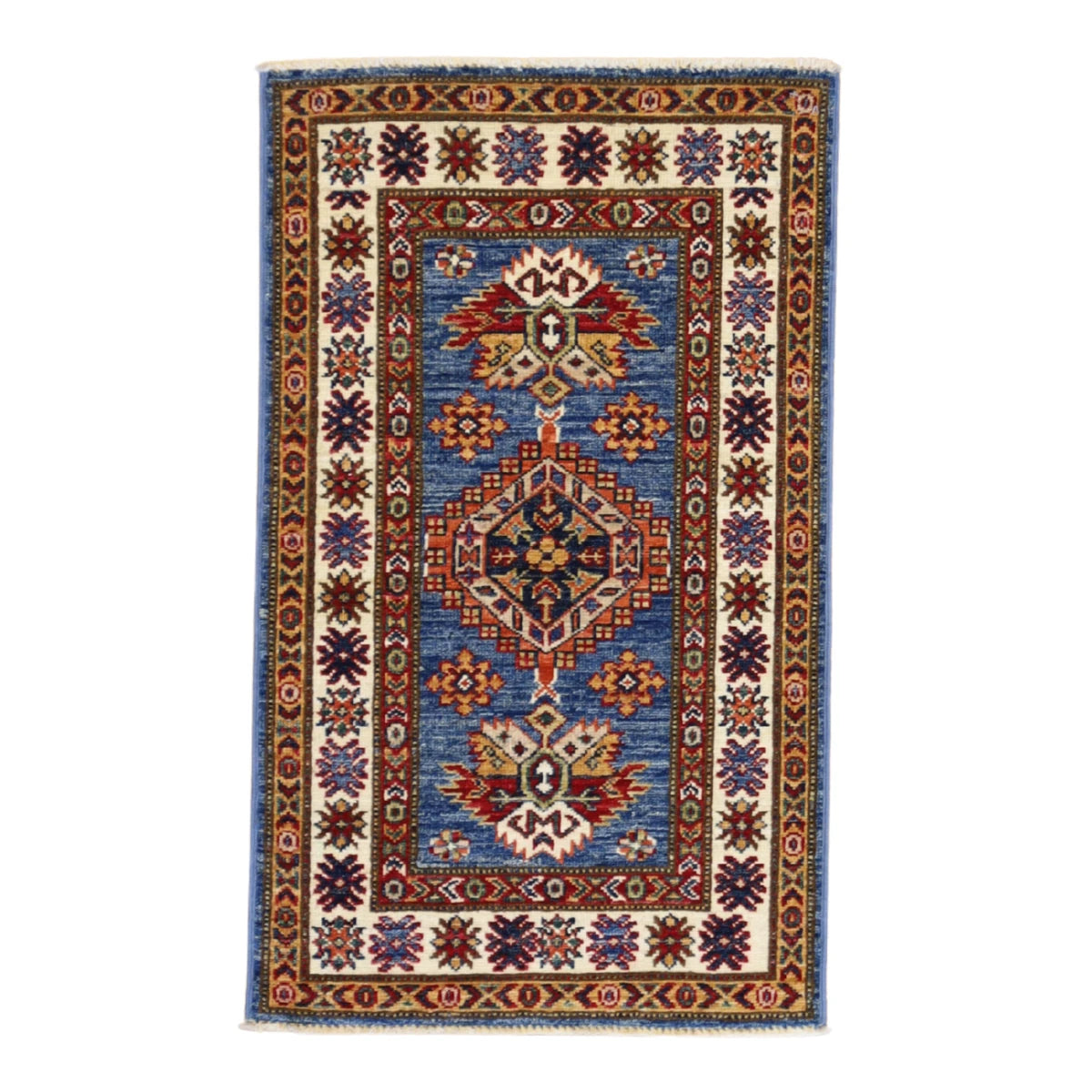 1'11" x 3'2" BLUE AND IVORY KAZAK GEOMETRIC PAKISTANI RUG