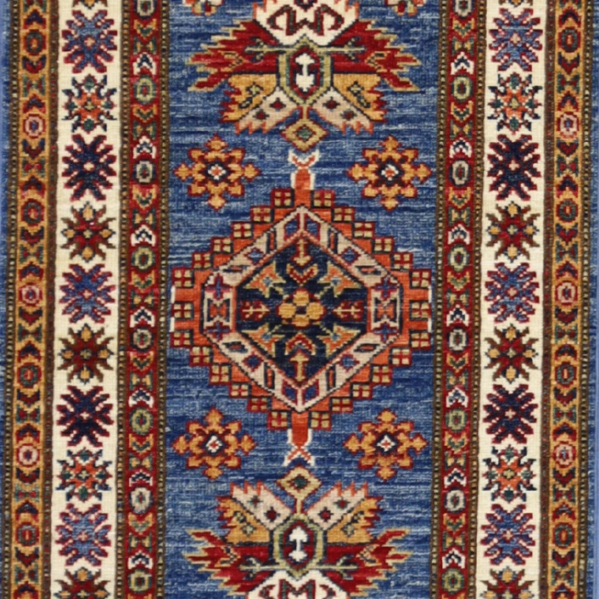 1'11" x 3'2" BLUE AND IVORY KAZAK GEOMETRIC PAKISTANI RUG