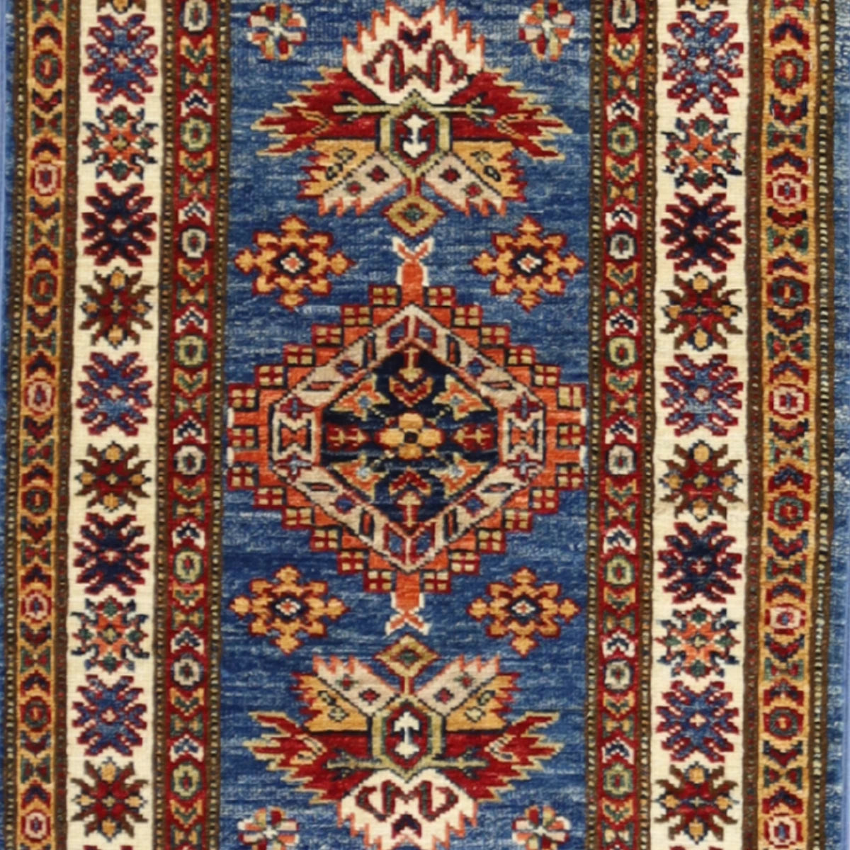 1'11" x 3'1" BLUE AND IVORY KAZAK GEOMETRIC PAKISTANI RUG