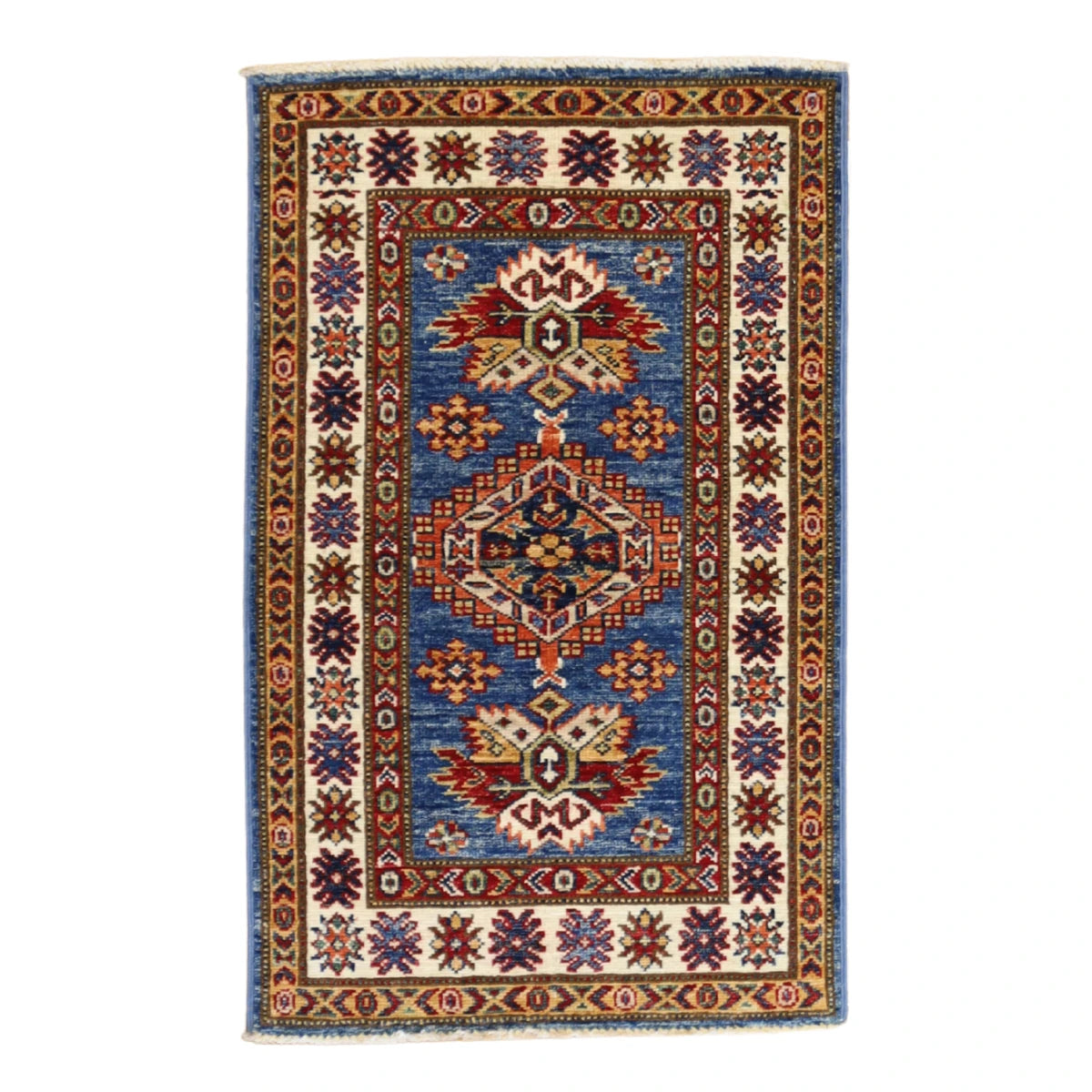 2'0" x 3'1" BLUE AND IVORY KAZAK GEOMETRIC PAKISTANI RUG