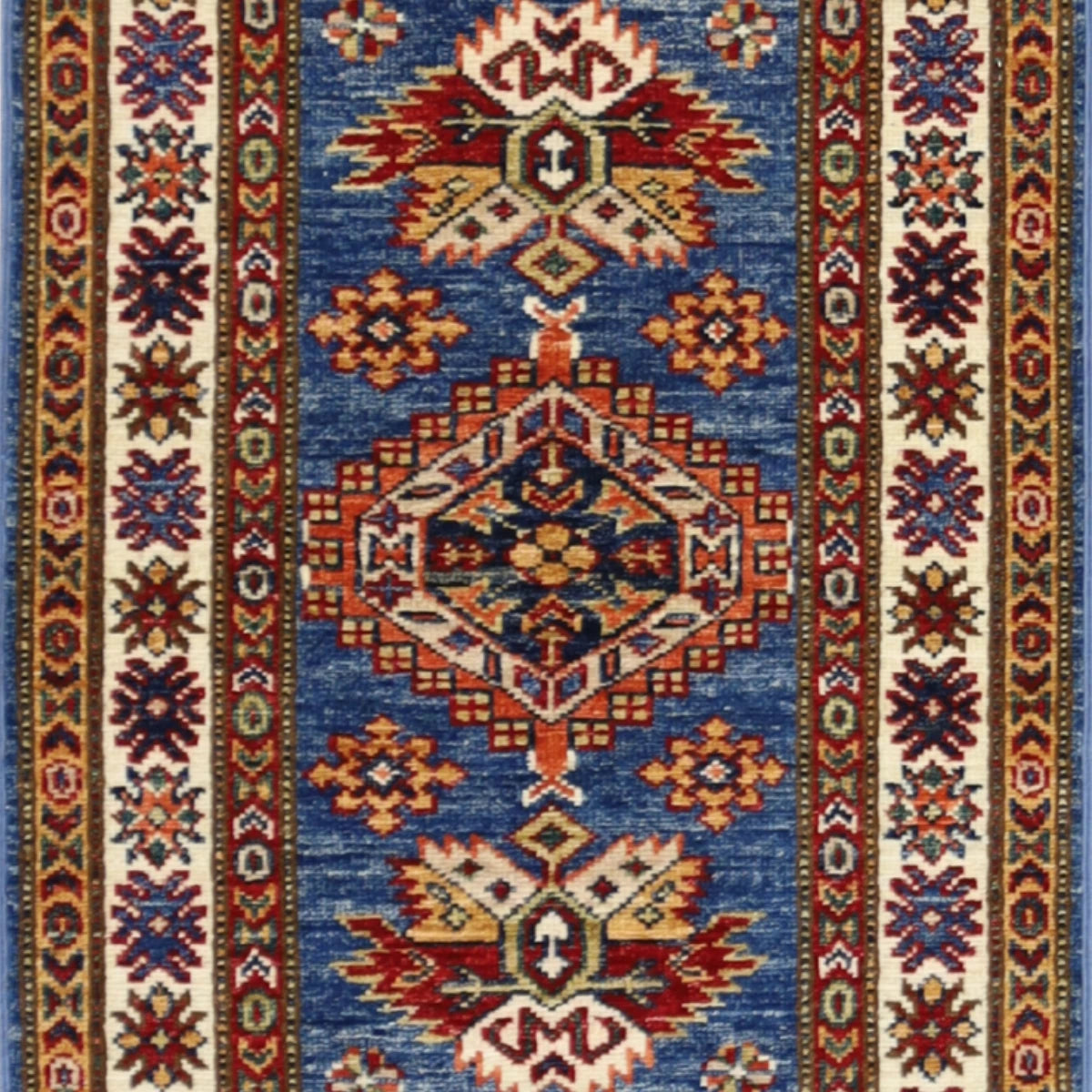 2'0" x 3'1" BLUE AND IVORY KAZAK GEOMETRIC PAKISTANI RUG