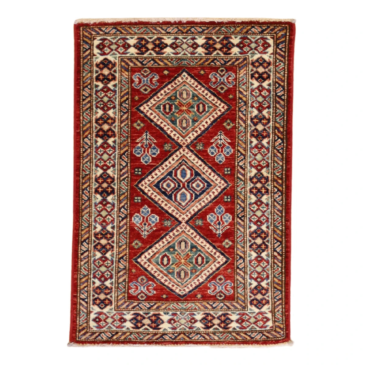 2'0" x 3'0" RED AND IVORY KAZAK GEOMETRIC PAKISTANI RUG