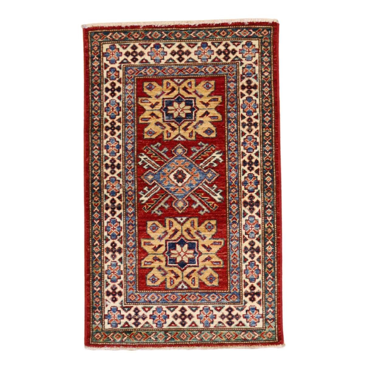 2'1" x 3'4" RED AND IVORY KAZAK GEOMETRIC PAKISTANI RUG