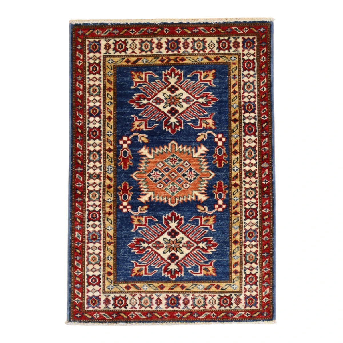 2'0" x 2'11" BLUE AND IVORY KAZAK GEOMETRIC PAKISTANI RUG