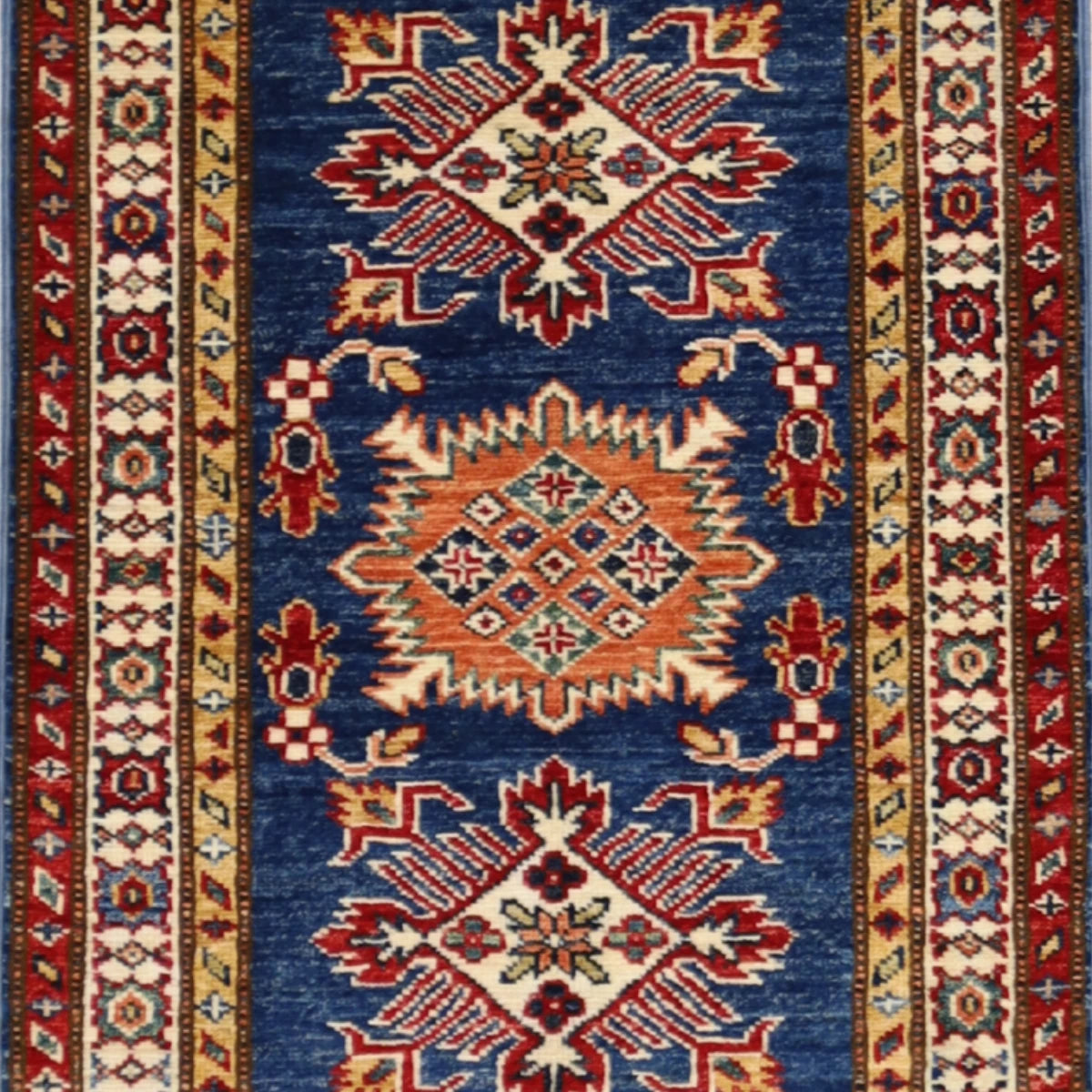 2'0" x 2'11" BLUE AND IVORY KAZAK GEOMETRIC PAKISTANI RUG